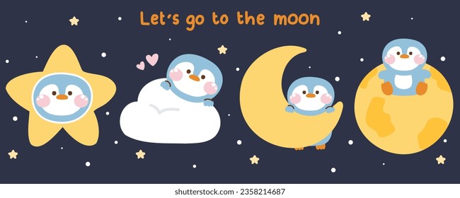 Set of cute penguin in various poses in night sky concept.Bird animal character cartoon design.Star,cloud,moon,the earth hand drawn.Kawaii.Vector.Illustration.