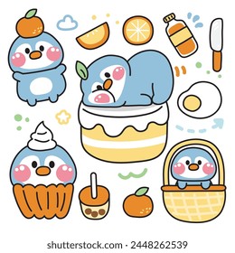 Set von niedlichen Pinguin verschiedene Posen im orangefarbenen Konzept.Vogel Tiere Charakter Cartoon Design.Obst, Kuchen, Spiegelei, Bubble Milch Tee Hand gezeichnet.Kind Grafik.Kawaii.Vektorgrafik.Illustration.