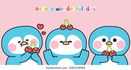 Set of cute penguin in various poses with cherry fruit.Polar bird animal character cartoon.Image for card,sticker,baby clothing,print screen.Kawaii.Vector.Illustration.