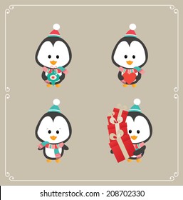 Set of cute penguin. Vector illustration