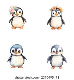 set of cute penguin watercolor illustrations for printing on baby clothes, sticker, postcards, baby showers, games and books, safari jungle animals vector
