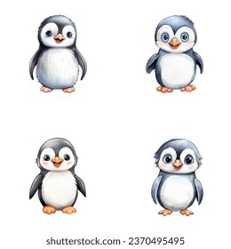 set of cute penguin watercolor illustrations for printing on baby clothes, sticker, postcards, baby showers, games and books, safari jungle animals vector
