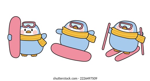 Set of cute  penguin wear scarf and glasses playing snowboard in various poses.Cartoon hand drawn collection.Fun time.Animal character design.Winter season.Snow.Kawaii.Vector.Illustration.