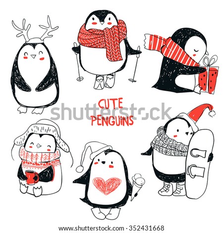 set with cute penguins