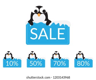 Set of Cute Penguins behind a Blue sign with snow, discounts and sale text