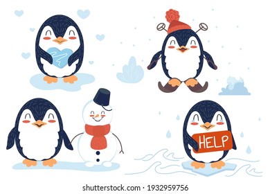 Set of cute penguins. Cartoon vector character with different emotions.