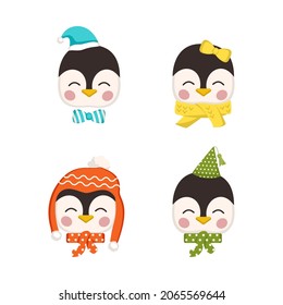 Juego de pingüinos bonitos al estilo de los niños con decoraciones navideñas para Año Nuevo y Navidad. Animales divertidos festivos con gorras y arcos. Ilustración plana del vector