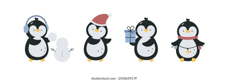 Set with cute penguins. Christmas design. Cartoon flat vector illustration. Elements for printing, poster, card.