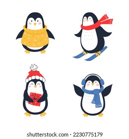 Set of cute penguins. Christmas vector illustration. For digital design, scrapbooking, clothes or mug print.
