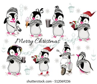 Set of cute penguins with coffee, ice-cream, gifts, headphones, camera, winter clothes. Christmas background.