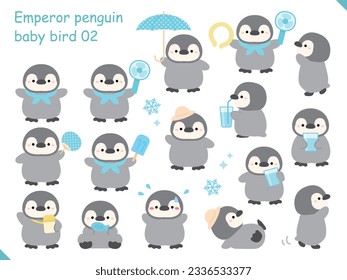 Set of cute penguins with different poses and emotions. Vector illustration.