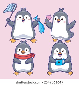 Conjunto de lindos pingüinos haciendo actividades divertidas, con ilustraciones de estilo kawai y dibujos animados