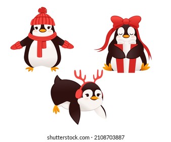 Set of cute penguins dressed in warm winter clothes and building snow man cartoon animal design flat vector illustration