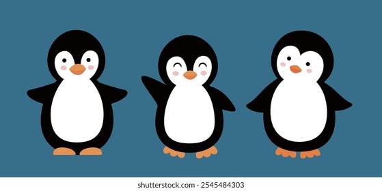 Conjunto de pinguins bonitos. Ilustração de vetor de estilo plano.