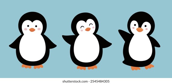 Set of cute penguins. Flat style vector illustration.