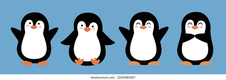 Set of cute penguins. Flat style vector illustration.