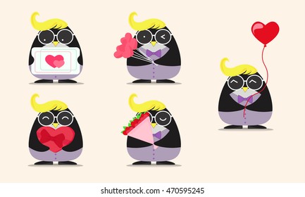 set of cute penguins with hearts expressing love
