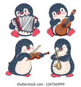 A set of cute penguins with musical instruments. Vector illustration.