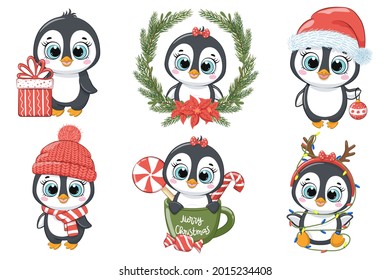 A set of cute penguins for the New Year and for Christmas. Vector illustration of a cartoon.