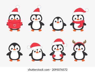 Set of cute penguins in New Year's Christmas clothes. Characters of the north in red hats and scarves. Vector illustration of animals in cartoon children's style. Isolated funny clipart.