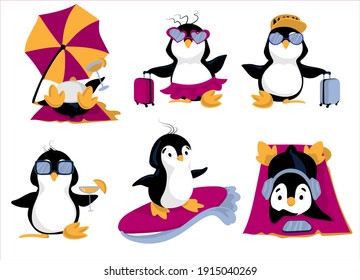 
Set cute penguins on vacation. Penguins with suitcases, penguins surfing, sunbathing and drinking cocktails. Humor illustration. Print for T-shirts, sweatshirts, sweaters. Fun holidays