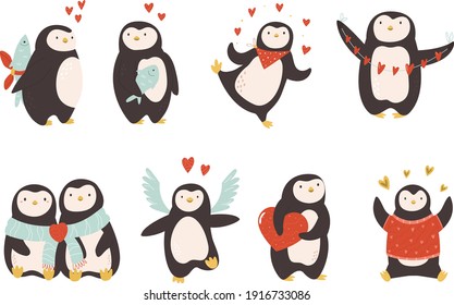 Juego de pingüinos lindos para el Día de San Valentín. Personajes de animales románticos