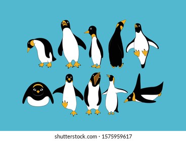 Set of cute penguins standing on blue background, Arctic animals of North pole Arctic, animal illustration.