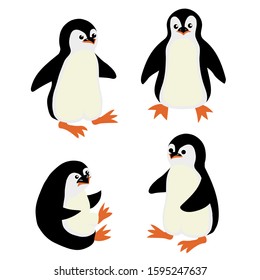 Set of cute penguins in various poses. Isolated on white background. Cartoon style.Vector illustration