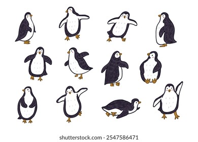 Set of cute penguins. Vector illustration isolated on white background.