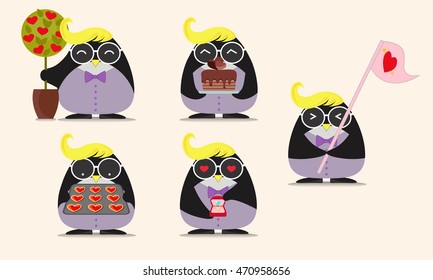 set of cute penguins which fall in love 