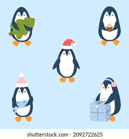 Set cute penguins with winter, christmas and new year elements. Funny animals for card, poster, brochure, page, banner. Vector illustration in cartoon style.