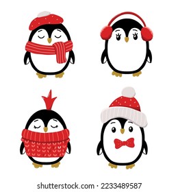 Set of cute penguins in winter clothes