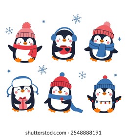 Set of cute penguins in winter clothes. Vector graphics.