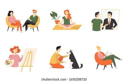 Un grupo de gente graciosa y linda que se preocupa por su salud mental. Colección de hombres y mujeres que practican psicoterapia, meditación, terapia artística, afirmación, leen libros y se comunican con animales.