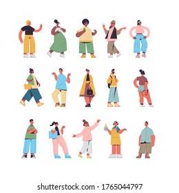 set cute people in casual trendy clothes mix race men women standing in different poses male female cartoon characters collection full length isolated vector illustration