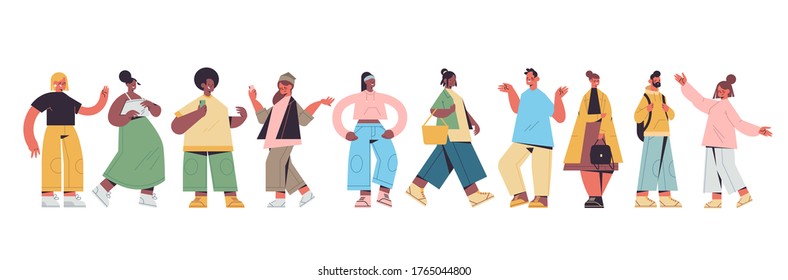 set cute people in casual trendy clothes mix race men women standing in different poses, male female cartoon characters collection full length isolated horizontal vector illustration