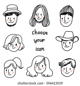 Set of cute people faces. Men and women face icon such as man with long hair and beard, man with cowboy hat or beanie or panama hat, girl with bob or curly hairstyle, girl with ponytail or pixie cut.