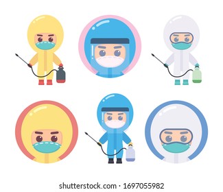 Conjunto de personas lindas en el diseño de carácter protector y avatar. Personas con traje PPE y ropa de cara que sujeta el pulverizador desinfectante sobre fondo blanco. Dibujo de dibujos animados de vector plano.