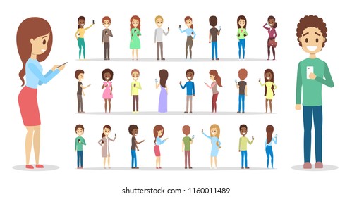 Set of cute people using mobile phones. Teens communicate with friends through social networks using smartphones. Internet addiction. Isolated flat vector illustration