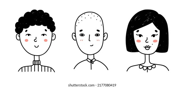 Set of cute people's faces in doodle style. Portraits of happy young girls and boys isolated on white background. Perfect for social media, avatars.Vector hand-drawn illustration of cartoon characters