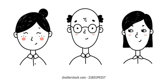 Set of cute people's faces in doodle style. Portraits of happy young girls and boys isolated on white background. Perfect for social media, avatars.Vector hand-drawn illustration of cartoon characters