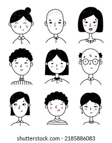 Set of cute people's faces in doodle style. Portraits of happy young girls and boys isolated on white background. Perfect for social media, avatars.Vector hand-drawn illustration of cartoon characters