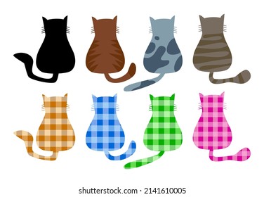 A set of cute pet cat silhouettes from behind with pattern decoration, isolated on a white background.
