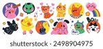 Set of cute pet sticker vector. Lovely cat and dog doodle pattern in different poses and breeds. Adorable funny pet and many characters hand drawn collection for T-shirt, sticker, print, pet shop.
