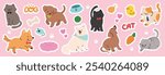 Set of cute pet sticker vector. Lovely cat and dog doodle in different poses and breeds. Adorable funny pet and many characters hand drawn collection for T-shirt, sticker, print, pet shop.