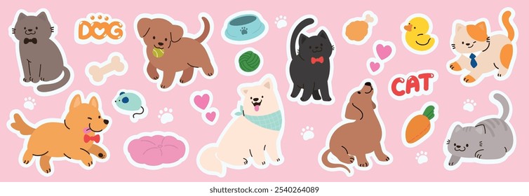 Set of cute pet sticker vector. Lovely cat and dog doodle in different poses and breeds. Adorable funny pet and many characters hand drawn collection for T-shirt, sticker, print, pet shop.