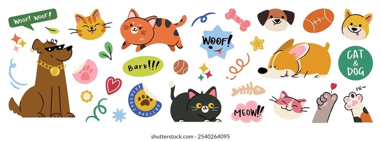 Set of cute pet sticker vector. Lovely cat and dog doodle in different poses and breeds. Adorable funny pet and many characters hand drawn collection for T-shirt, sticker, print, pet shop.