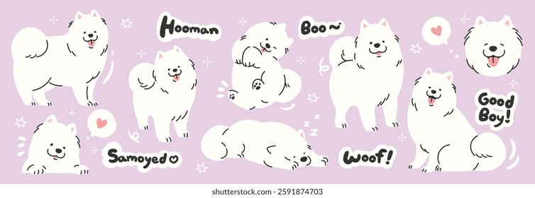 Set of cute pet sticker vector. Lovely dog doodle in different poses and breeds. Adorable funny pet and many characters hand drawn collection for T-shirt, sticker, print, pet shop.