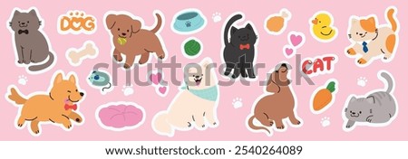 Set of cute pet sticker vector. Lovely cat and dog doodle in different poses and breeds. Adorable funny pet and many characters hand drawn collection for T-shirt, sticker, print, pet shop.