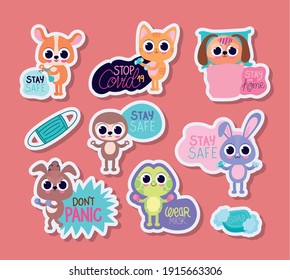 set of cute pet stickers on a pink background vector illustration design